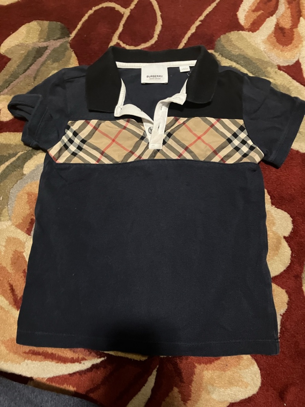 Burberry Navy Polo with Signature Beige Plaid Chest